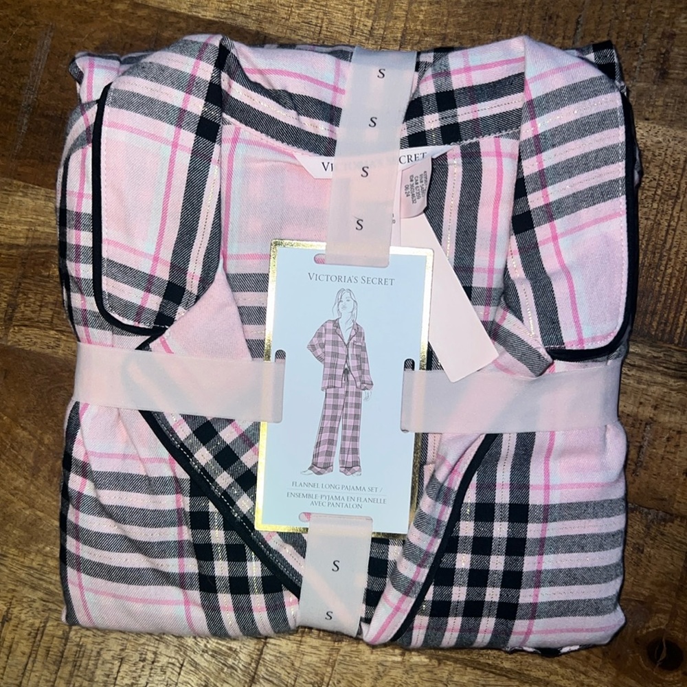 Victoria Secret Pink Flannel Long Pajama Set Plaid Pjs